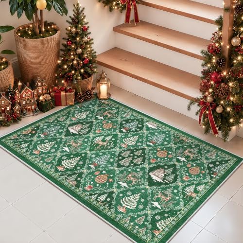 2x3 Christmas Small Non-Slip Area Rug, Green Washable Entryway Carpets - Image 5