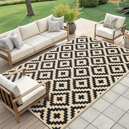 Smiry Outdoor Rug 9x18 ft Waterproof Reversible Boho Mat, Black & Beige - Image 7