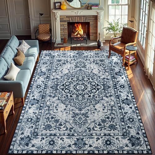 YJ.GWL Area Rugs for Living Room 6x9 Machine Washable Rugs, Non Slip Floral Vintage Rug Indoor Carpet, Stain Resistant Large Rug for Bedroom Dining Room, Navy Blue by YJGWLHomeDecor