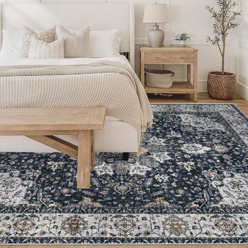 Area Rug 6x9 Washable Rug, Vintage Boho Medallion Rugs Non-Slip Soft Low Pile Large Distressed Rug Indoor Retro Carpet for Living Room Bedroom Dining Room Home Office (Vintage Black, 6'x9') - Image 2