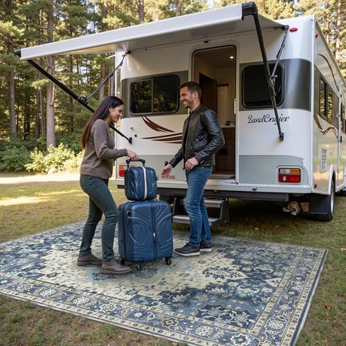 GENIMO Indoor Outdoor Rug, Washable for Patio and Deck, Navy Ivory, 6x9 - Image 4