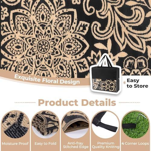 Findosom Waterproof Outdoor Rug 6' x 9' - Reversible Mandala Outdoor Plastic Straw Rug, Durable Foldable Patio Rug for RV, Deck, Balcony, Backyard, Picnic, Porch, Camping, Beach, Black - Image 5