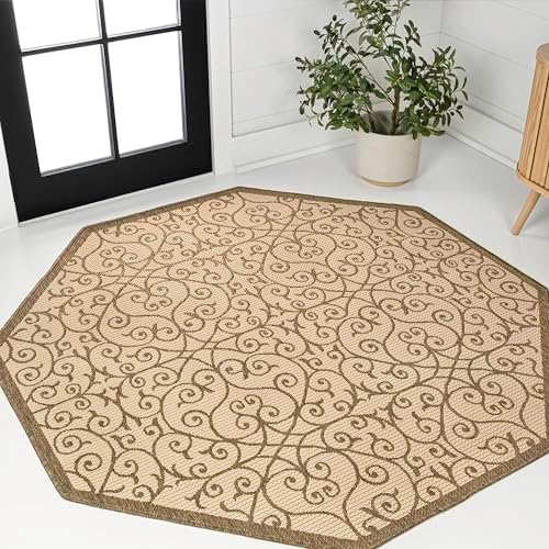 JONATHAN Y Vintage Filigree Indoor Outdoor Octagon Area Rug 8 Ft Beige/Brown, Madrid Textured Weave for Backyard, Patio, Porch, Easy-Cleaning, High Traffic, Pet-Friendly, Non-Shedding (SMB107B-8TGN) by JONATHANY