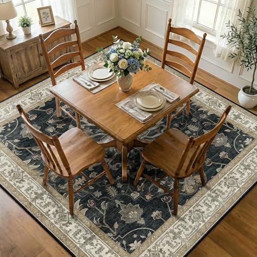 RELEANY Washable Area Rug, Square 7'x7', Black/Vintage/Beige by RELEANY