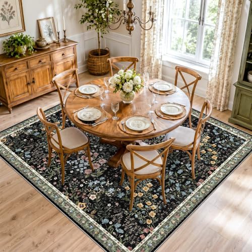 9x9 Square Area Rug Living Room, Non-Slip Floral Washable 8ft Square Rug Low Pile Thin Indoor Carpets for Dining Room Bedroom Office High Traffic Area Boho Vintage Home Decor (9ft Square, Black) by YOUFORTONG