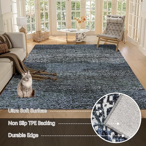 RUGSURE Washable Area Rug - 1/6 Thick - Stain & Water Resistant Non-Slip - Resistant Rug for Living Room, Bedroom, Nursery, Pet & Child Friendly, Vintage Charm Area Rugs (Darkgrey+Bule, 6' x 9') - Image 5