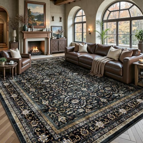 8x10 Area Rugs for Living Room - Washable Vintage Retro Large Rug, Soft Ultra Thin Non Slip Low Pile Traditional Distressed Boho Carpet for Bedroom Dining Room Home Office, Black & Gold - Image 3