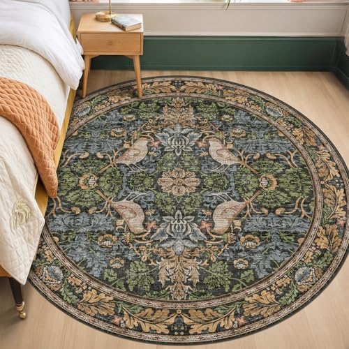Washable Round Area Rugs 6ft for Living Room, Green Forest Soft Non-Slip Circle Rug with Rubber Backing, Vintage Large Boho Floral Bird Carpet for Bedroom, Kitchen, Nursery, Stain Resistant - Image 3