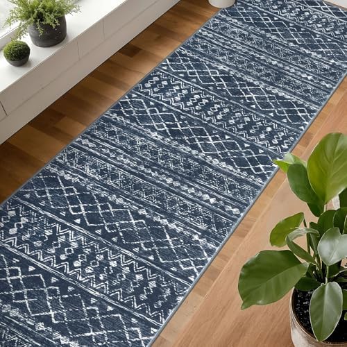 KUTA Extra Long Runner Rug for Hallway 2.6x20ft Navy Blue Boho Washable - Image 3