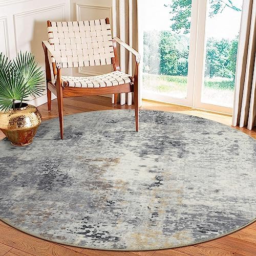 Lahome Modern Abstract Round Rug - 6Ft Gray Circle Rugs for Living Room Soft Dining Room Rugs for Under Table, Machine Washable Bedroom Mat Non Slip Large Carpet for Office Kitchen Entrance by Lahome