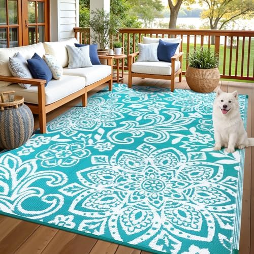 Findosom Waterproof Outdoor Rug 6' x 9' - Reversible Mandala Outdoor Plastic Straw Rug, Durable Foldable Patio Rug for RV, Deck, Balcony, Backyard, Picnic, Porch, Camping, Beach, Blue by Findosom