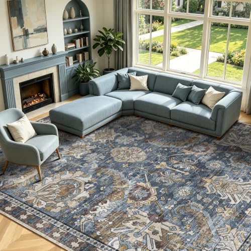 RUGSURE Washable Area Rugs - Perfect for Living Room, Bedroom, Kids Room, Nursery - Stain & Water Resistant Non-Slip, Pet & Child Friendly, Vintage Tribal Area Rugs (Navy, 9' x 12') - Image 4