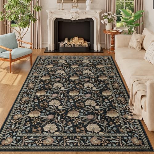 DUKINO 5x8 Area Rug, Vintage Floral Washable Rugs for Living Room, Black by DUKINO
