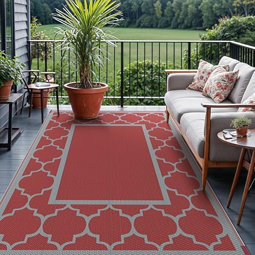 GENIMO Outdoor Rug, Waterproof Plastic Rugs for Patio, 6'x9' Red Grey - Image 3