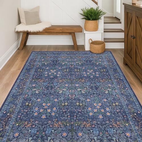 Dark Navy Blue Living Room Rug 5x7 Area Rug - Vintage Floral Forest Washable Mat for Dining Room, Bedroom, Low Pile Non Slip Stain Resistance Distressed Retro Indoor Boho Carpet - Image 6