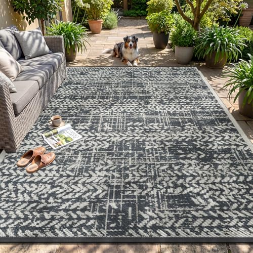 MontVoo Outdoor Rug Waterproof-Patio Rug Mat 6x9 Outdoor RV Camping Picnic Beach Mat Plastic Straw Rugs Outside Outdoor Area Rugs for Balcony Deck Backyard Grey by MontVoo