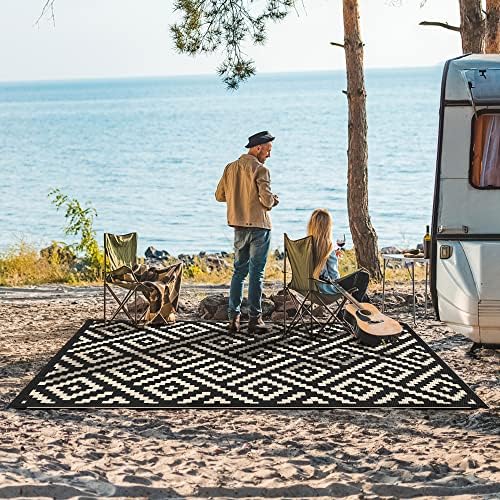 GENIMO Outdoor Rug, Waterproof Plastic Rugs for Patio, 6'x9' Black Beige - Image 2