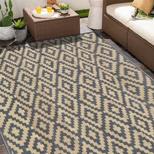 SAND MINE Reversible Mats, Plastic Straw Rug, Modern Area Rug, Large Floor Mat and Rug for Outdoors, RV, Patio, Backyard, Deck, Picnic, Beach, Trailer, Camping (8' x 10', Grey Tan Lattice) by SANDMIND