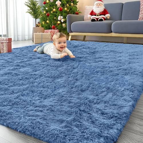 OLANLY 8x10 Machine Washable Large Area Rugs for Living Room, Bedroom, Soft Fluffy Shaggy Bedside Rug, Indoor Floor Carpet for Kids Girls and Boys, Dorms, Nursery, Home Decor Aesthetic, Blue by OLANLY