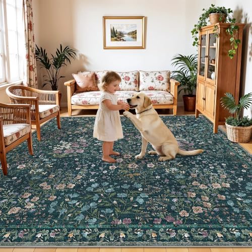 10x10 Square Area Rug Living Room: Boho Floral Washable Mat for Dining Room Bedroom Office High Traffic Area Soft Non Slip Low Pile Indoor Carpet for Vintage Farmhouse Home Decor (10ft Square, Green) - Image 4