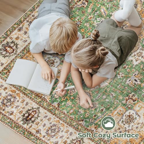 Area Rug 6x9 Washable Rug, Vintage Boho Medallion Rugs Non-Slip Soft Low Pile Large Distressed Rug Indoor Retro Carpet for Living Room Bedroom Dining Room Home Office (Vintage Green, 6'x9') - Image 4