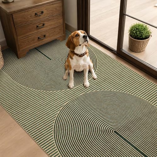 Non-Slip Jute Rug for Entryway: 3x5 Outdoor Mat - Green Curve Pattern by Arvenchy
