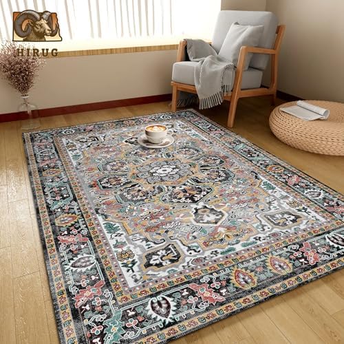 Washable Area Rug 8' x 10' Vintage Traditional Persian Mat - Foldable Distressed Non-Slip Machine Washable Carpet for Living Room Bedroom Kitchen Home Decor - Slate and Multicolor - Image 4