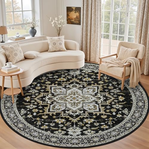 Round Area Rug for Living Room: 8ft Boho Washable Rug Black Gold by EXPEDIX