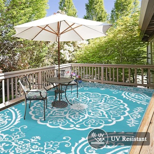 Pauwer Outdoor Rug 10x14, Waterproof Plastic Straw Camping Rug, Boho Teal - Image 3
