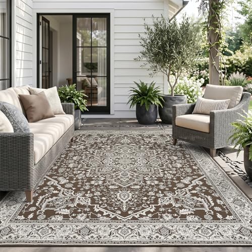 AMOAMI-Outdoor Rug-Patio Rug 8x10 ft Quick Dry Flatweave Textured Machine Washable Outdoor Carpet with Rubber Particles Backing Vintage Outdoor Area Rug for Patio Deck Front Porch Balcony Brown by AMOAMI