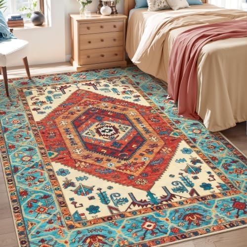 SERISSA 4x6 Washable Non Slip Boho Area Rug for Bedroom，Orange by SERISSAHomeDecorCollection