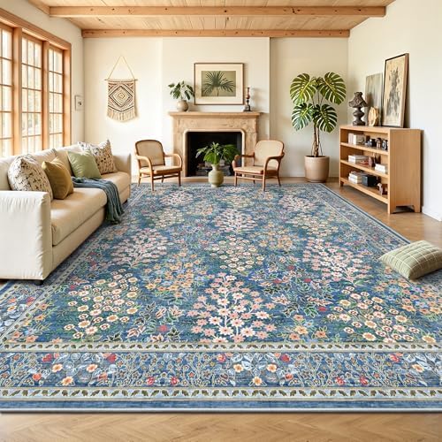 9x12 Large Area Rugs, Machine Washable Low Pile Floral Rugs for Living Room, Bedroom, Boho Style with Non-Slip Backing Nursery Rug(Blue Floral) by Yarooge