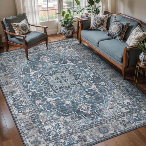 Tangsoo Vintage 4x6 Washable Area Rug for Living Room, Non Slip Rug Blue by Tangsoo