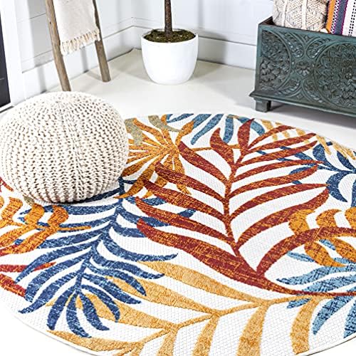 JONATHAN Y Tropics Palm Indoor Outdoor Round Area Rug 5 Ft Cream/Orange by JONATHANY