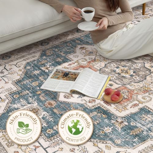 10x10 Square Area Rug: Washable Blue Area Rug for Living Room - Image 6