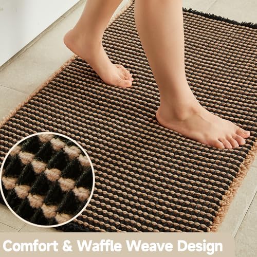 TYUU Waffle Runner Rug Bathroom, Long Boho Bath Mat, 60x24 Khaki & Black - Image 3