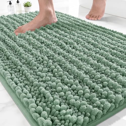Yimobra Bathroom Rugs Non Slip Washable - Ultra Soft Absorbent Chenille Bath Mat, Quick Dry Shaggy Floor Carpet for Tub Shower, Green Home Decor Accessories, 24x17 Inch by Yimobra