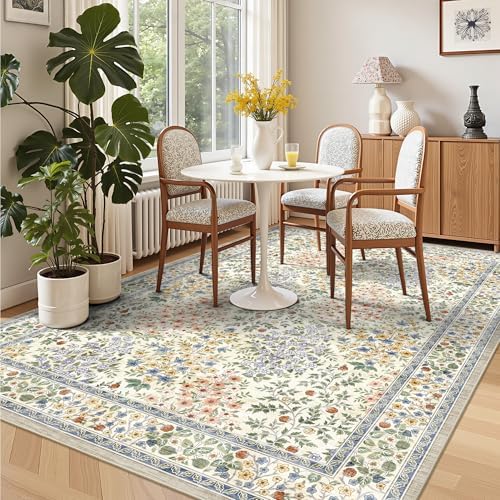 6x9 Area Rugs, Washable Floral Area Rugs for Living Room, Indoor Area Rug for Bedroom, Dining Room, Low Pile Non-Slip Non Shedding Rug(Beige Floral) - Image 4