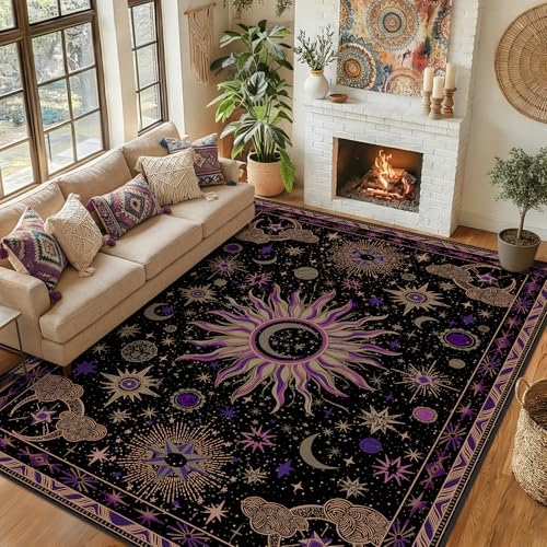 Vacuum-Friendly, 9x12 Washable Area Rug, Black Purple Beige by meejou
