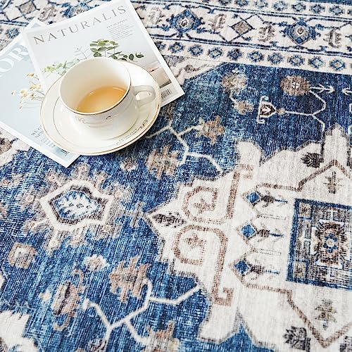 2x3 Washable Vintage Area Rug: Indoor Soft Entryway Rug with Non Slip Backing Water Resistant Carpet for Kitchen Bathroom Laundry Low Pile Door Mat Perfect for Homes with Cats & Dogs(2x3,Blue) - Image 5