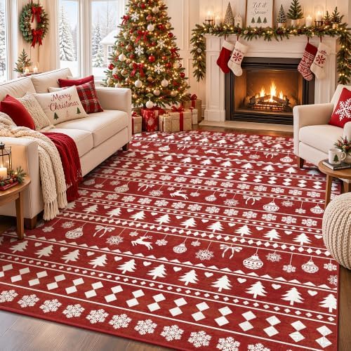 5x7 Christmas Holiday Area Rug, Washable Non‑Slip Low‑Pile Xmas Large Rugs for Living Room Bedroom Dining Room, Winter Indoor Christmas Home Decor(Red Sweater Bauble) by Yarooge