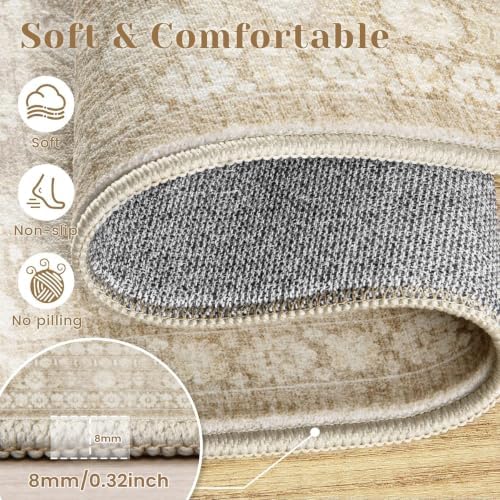 9x12 Area Rugs for Living Room: Washable Large Vintage Floral Rug Low Pile Non-Slip Boho Carpet for Bedroom Home Office Dining Room (Brown, 9'x12') - Image 6