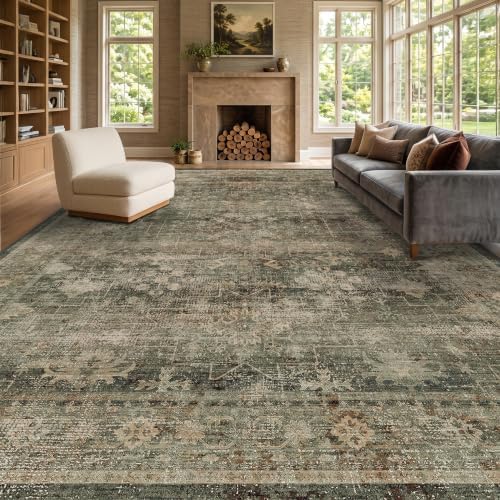 Moss Green 10x12 Large Area Rug for Living Room, Vintage Washable Boho Dark Academia Distressed Geometric Floral Rug for Bedroom & Dining Room, Non-Slip Low Pile Stain Resistant by Unknown
