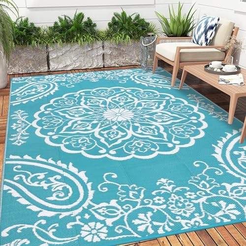 Pauwer Outdoor Rug 10x14, Waterproof Plastic Straw Camping Rug, Boho Teal - Image 6