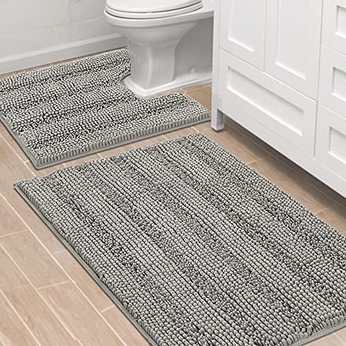 H.VERSAILTEX Bathroom Rugs Bath Rug Set 2 Piece Bathroom Contour Rug Toilet Mat Sets Non Slip Contour Bath Rug Ultra Thick Water Absorbent Striped Bath Mats Washable(36" x 24" Plus 20" x 24" U, Dove) by HVERSAILTEX
