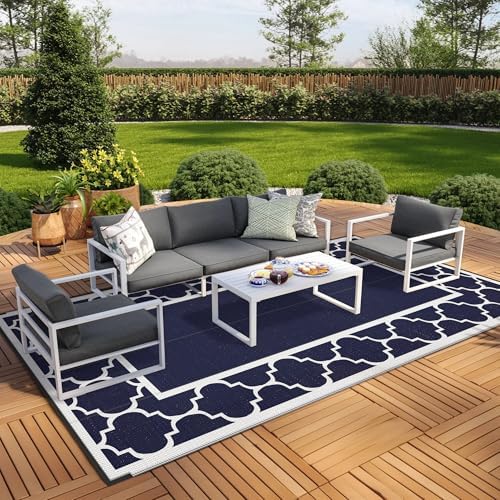 GENIMO Outdoor Rug, Waterproof Plastic Rugs 8'x16' for Camping Blue White by GENIMO
