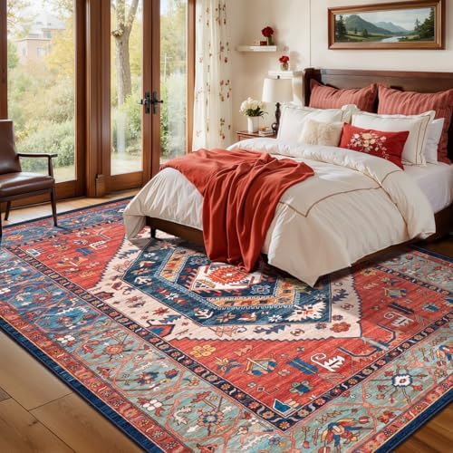 SERISSA 7x9 Washable Non Slip Boho Area Rug for Living Room，Rust - Image 3