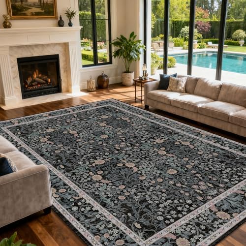 9x12 Washable Area Rugs for Living Room Soft Carpet (Black Flora) - Image 3
