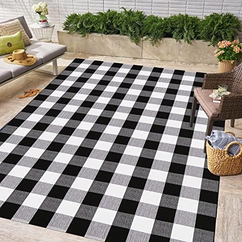 Bottalive Buffalo Plaid Outdoor Rug, 4' x 6' Black and White Check Indoor/Outdoor Area Rugs, Layering Rug for Hello/Welcome Door Mat, Washable Cotton Woven Farmhouse Mat for Fall Front Porch Décor - Image 3
