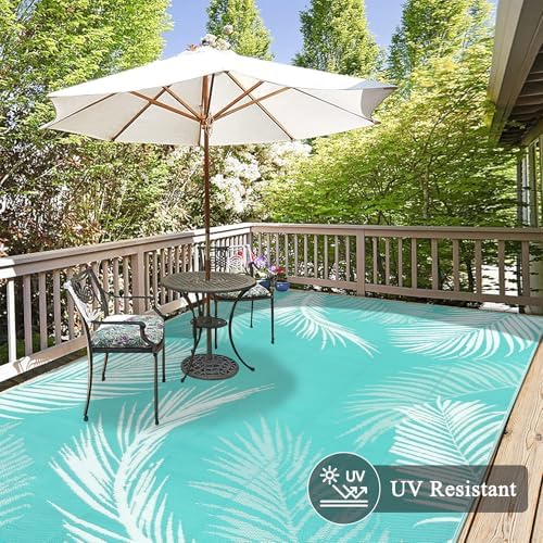 Pauwer Waterproof Outdoor Rug 6x9, Plastic Patio Mat, Leaf Light Blue - Image 4